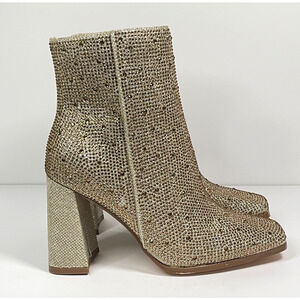 Chase and Chloe Women's Rhinestone Ankle Booties Size 7 Gold Block Heel Zip Up